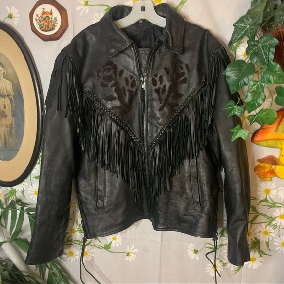 Vintage 80s black leather fringe biker jacket rose patchwork braided accents - Picture 7 of 11